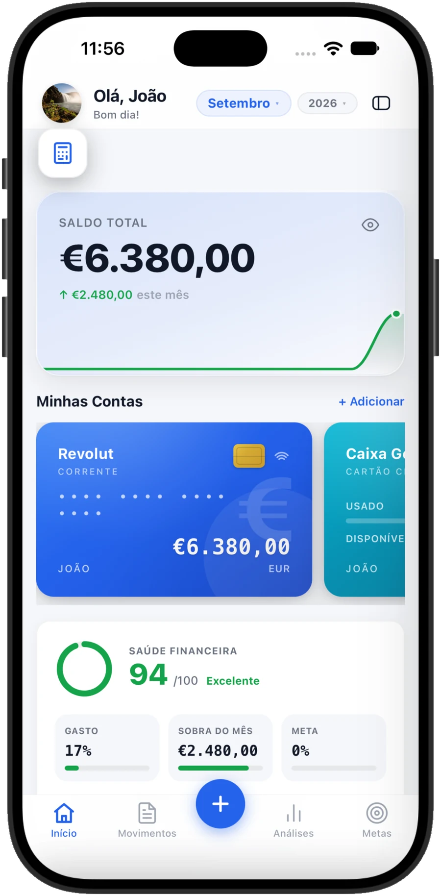 iPhone a mostrar o painel do GuiaFin com saldo, gráfico de despesas e categorias