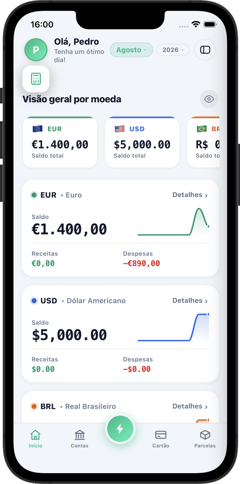 iPhone a mostrar o painel do GuiaFin com saldo, gráfico de despesas e categorias